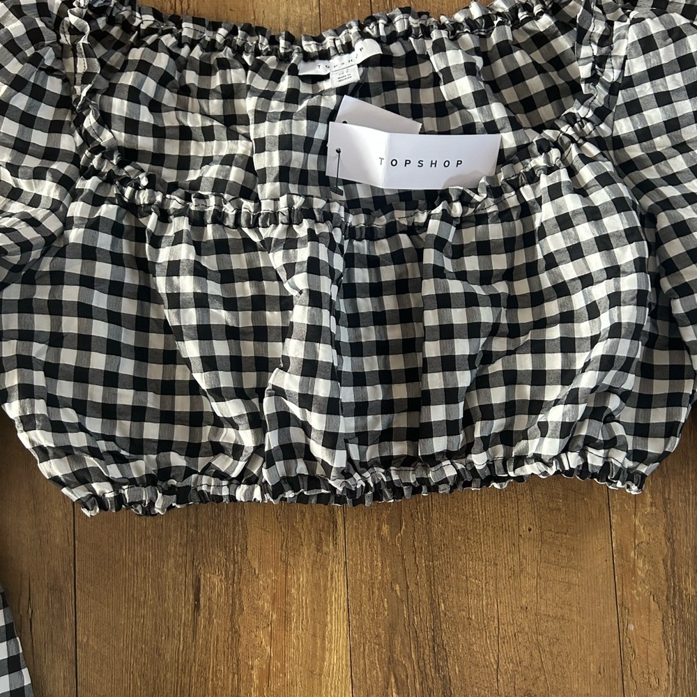 Topshop Gingham Smocked Crop Top NWT Puff Sleeve Black White Size 2 - Picture 5 of 9
